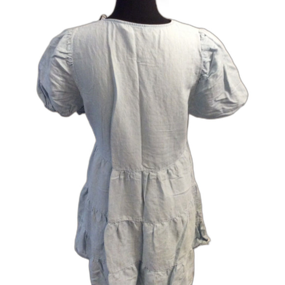 ZARA Light Denim Blue V Neck Layered Dress Small S Linen Blend Babydoll - Picture 4 of 5